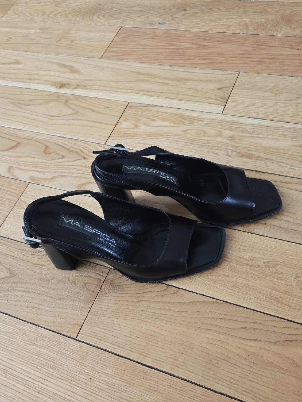 Via Spiga Black Leather Open-Toe Slingback Heels